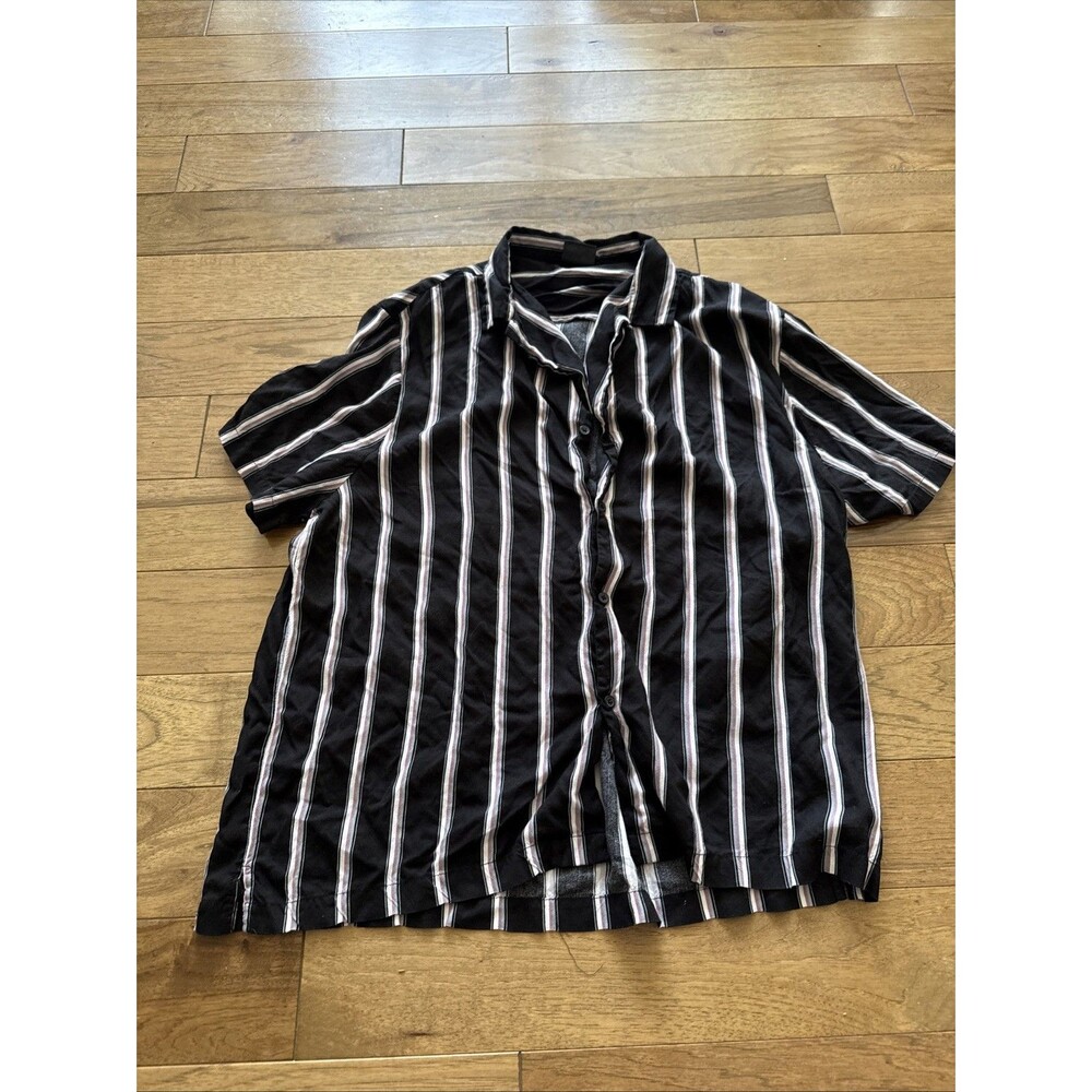 Rayon Camp Shirt Level Ten Gray and Black White Pinstripe Button-Up Size L